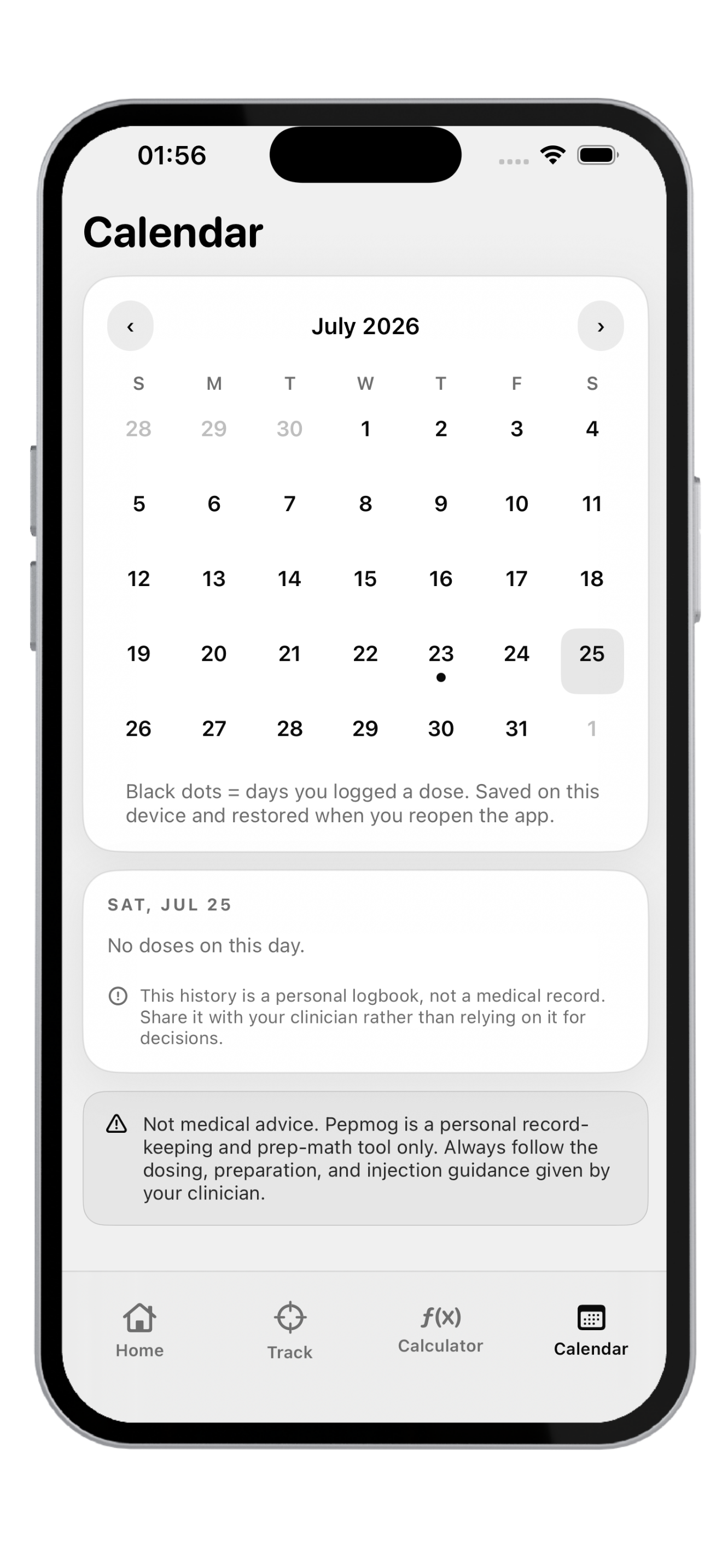 MOG calendar with dose history dots